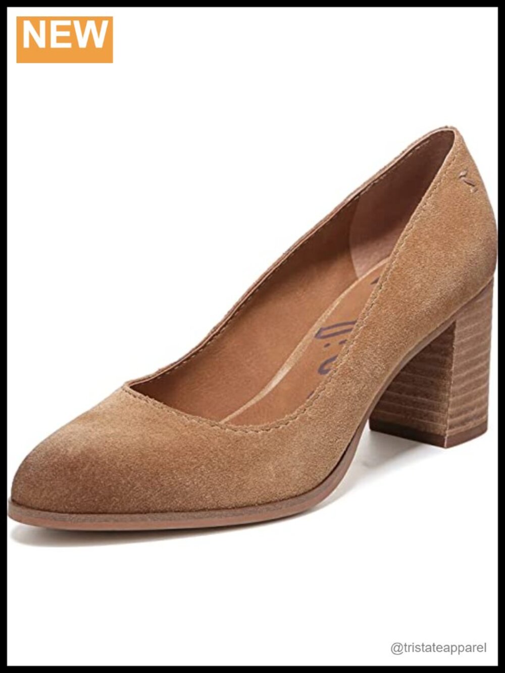 Suede Leather Slip On Almond Toe Stacked Heel Pumps Cushioned